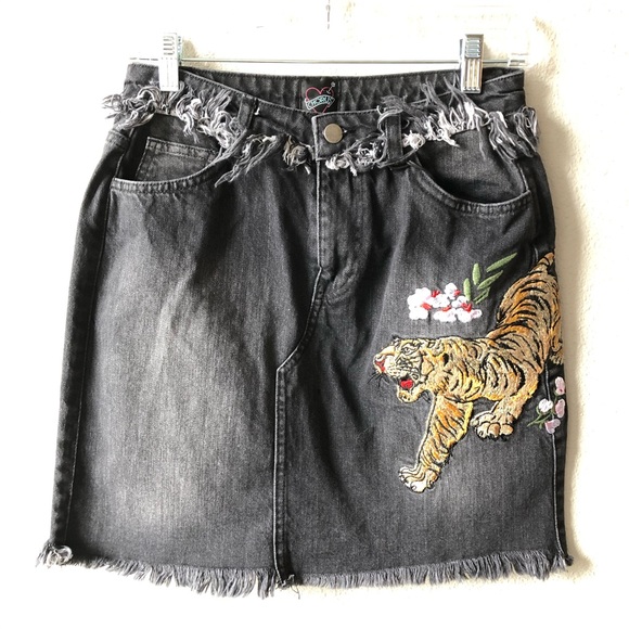 ASOS Dresses & Skirts - Asos Tiger Embroidery Raw Hem Denim Mini Skirt